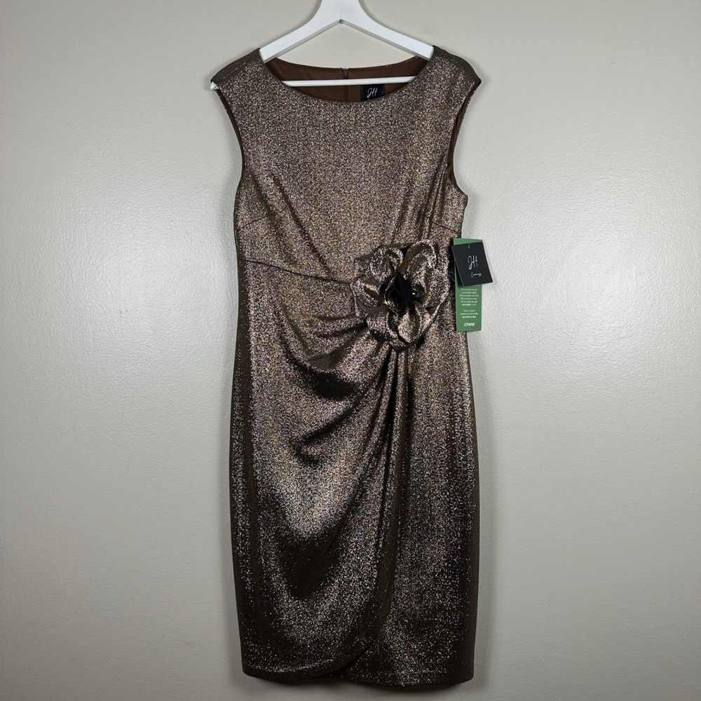 JH Evenings Women's 10 Sheath Dress Gold Metallic Floral Side‎ Drape JC5M8193